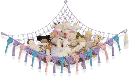 Extra Large Stuffed Animal Hammock with LED Lights 100% Natural Cotton Macrame Toy Storage Net for Plushies & Squishmallows Boho Macrame Corner Organizer for Kids’ Room or Nursery (Beige)
