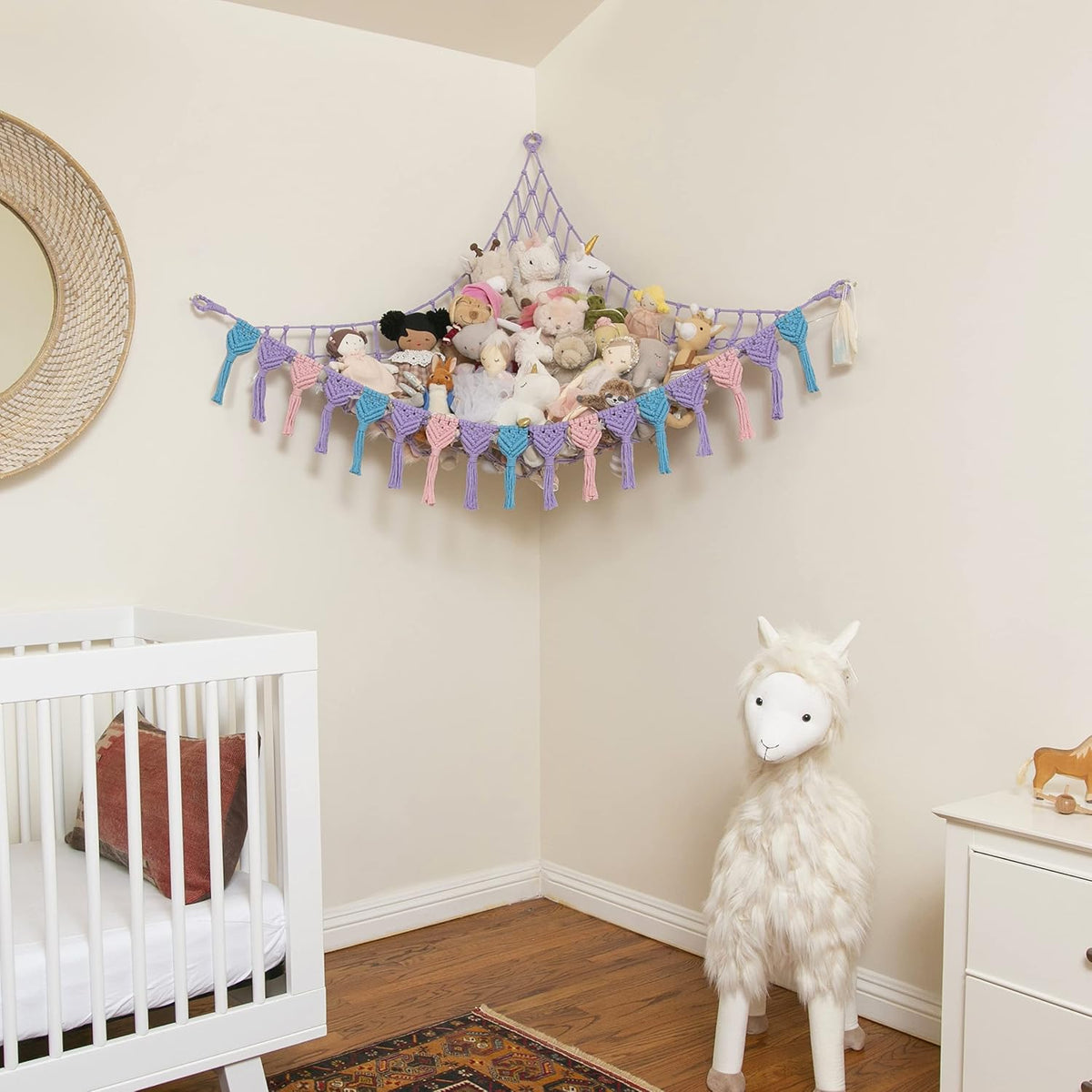 Extra Large Stuffed Animal Hammock with LED Lights 100% Natural Cotton Macrame Toy Storage Net for Plushies & Squishmallows Boho Macrame Corner Organizer for Kids’ Room or Nursery (Beige)
