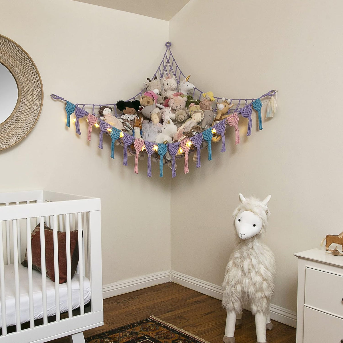 Extra Large Stuffed Animal Hammock with LED Lights 100% Natural Cotton Macrame Toy Storage Net for Plushies & Squishmallows Boho Macrame Corner Organizer for Kids’ Room or Nursery (Beige)