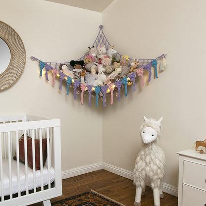 Extra Large Stuffed Animal Hammock with LED Lights 100% Natural Cotton Macrame Toy Storage Net for Plushies & Squishmallows Boho Macrame Corner Organizer for Kids’ Room or Nursery (Beige)