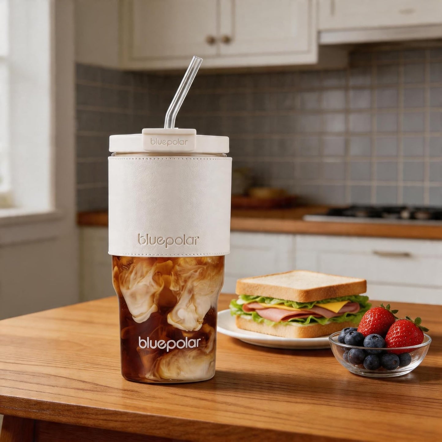 Iced Coffee Glasses with Lids and Straws,Car Cup Holder Friendly, Leakproof Portable Tumblers for Cold Brew, Juice & Smoothie, Ideal for Travel, Office & Gym, BPA-Free (23oz-White with Leather Sleeve)