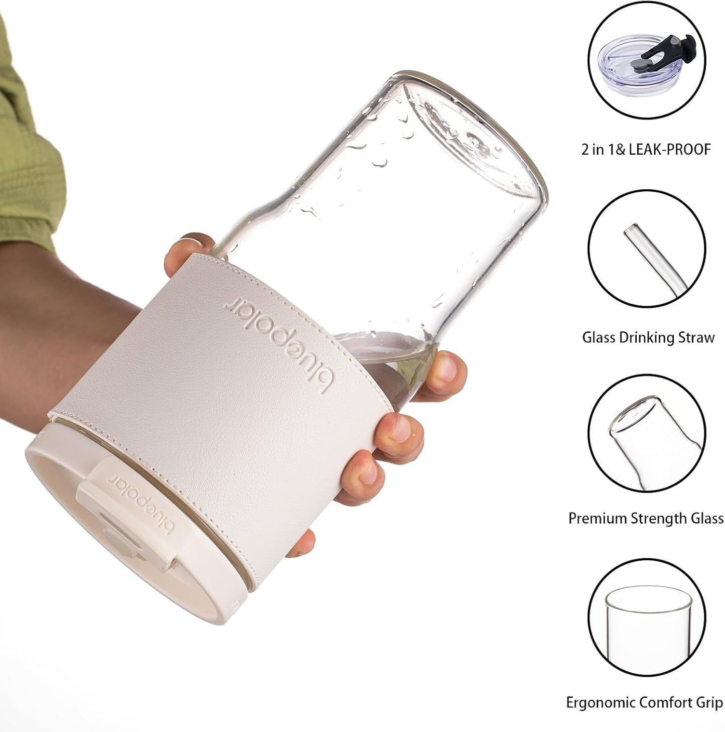 Iced Coffee Glasses with Lids and Straws,Car Cup Holder Friendly, Leakproof Portable Tumblers for Cold Brew, Juice & Smoothie, Ideal for Travel, Office & Gym, BPA-Free (23oz-White with Leather Sleeve)