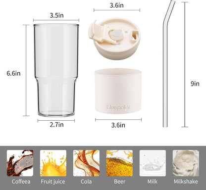 Iced Coffee Glasses with Lids and Straws,Car Cup Holder Friendly, Leakproof Portable Tumblers for Cold Brew, Juice & Smoothie, Ideal for Travel, Office & Gym, BPA-Free (23oz-White with Leather Sleeve)