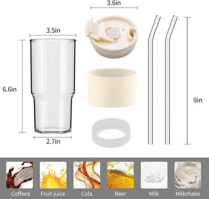 Iced Coffee Glasses with Lids and Straws,Car Cup Holder Friendly, Leakproof Portable Tumblers for Cold Brew, Juice & Smoothie, Ideal for Travel, Office & Gym, BPA-Free (23oz-White with Leather Sleeve)