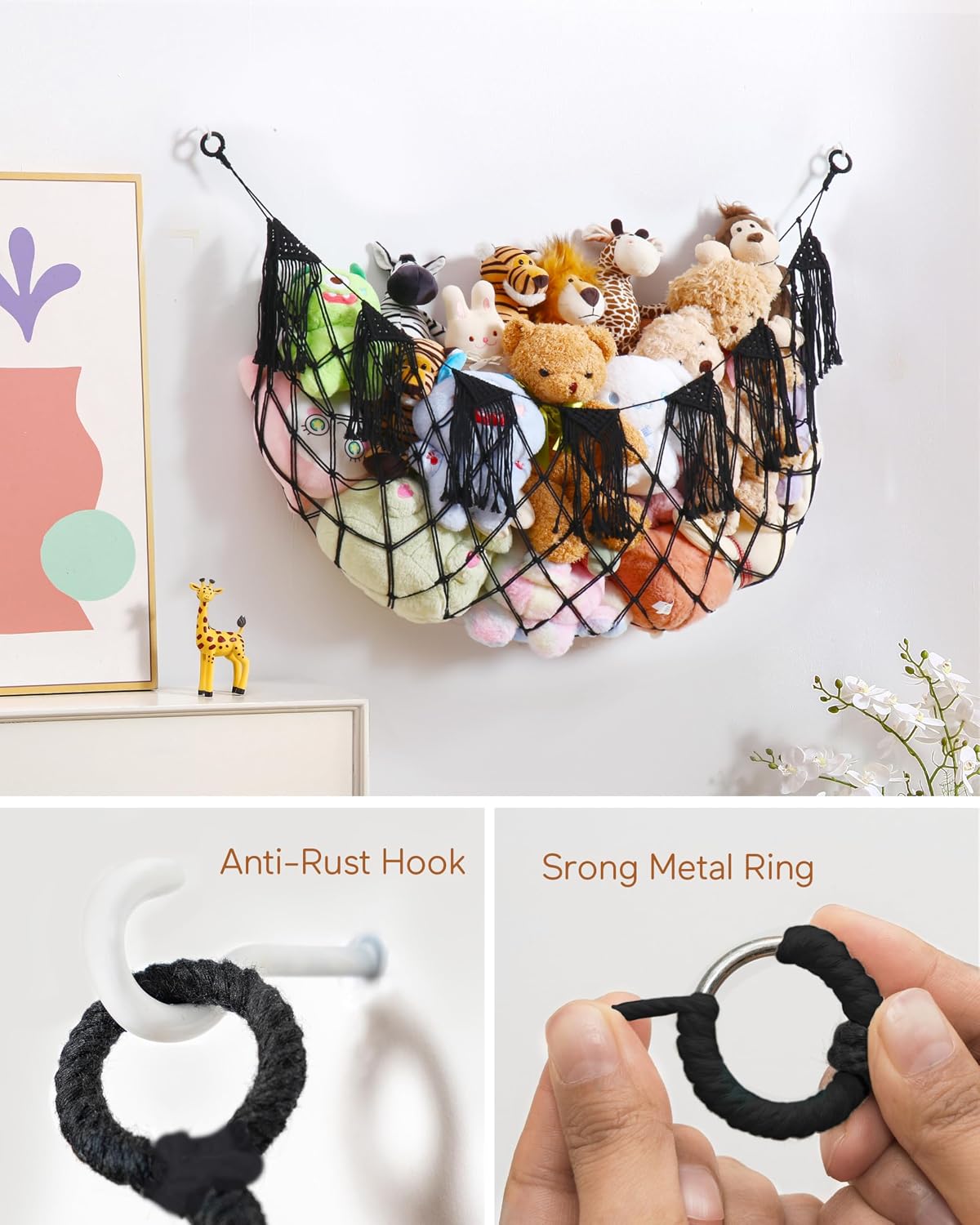 Boho Stuffed Animal Hammock, Falt Wall or Corner Hanging, White, XL