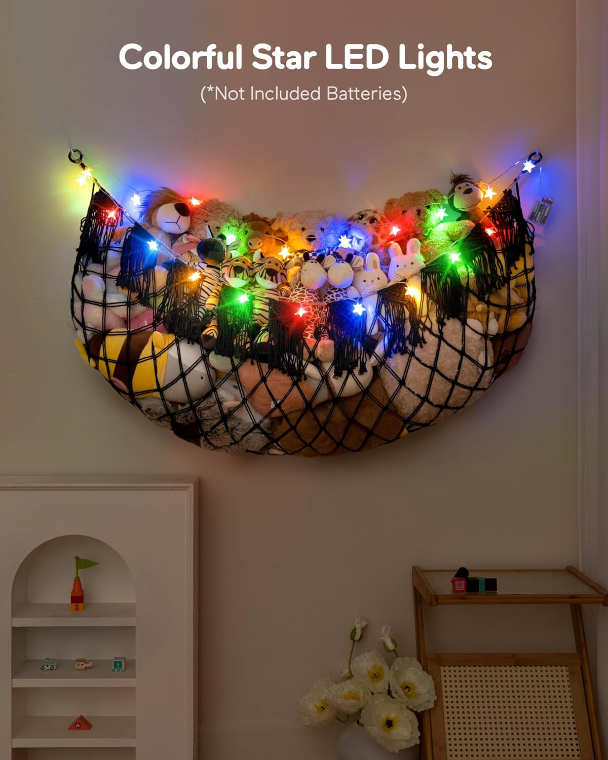 Boho Stuffed Animal Hammock, Falt Wall or Corner Hanging, White, XL