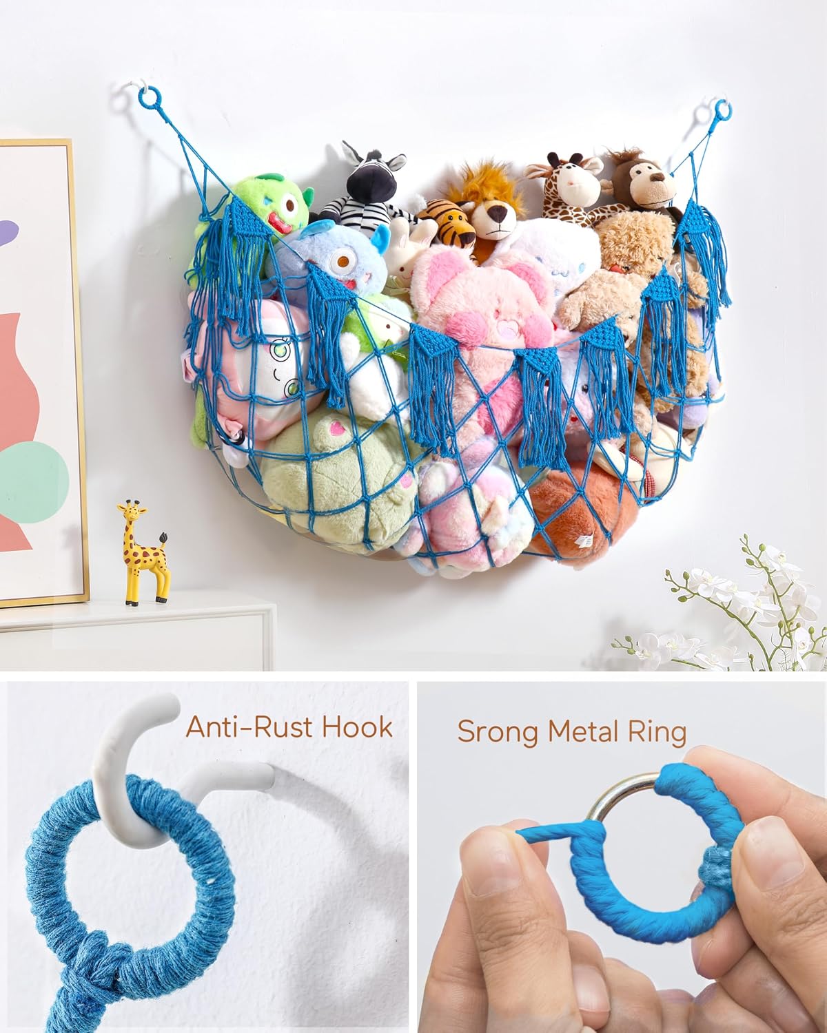 Boho Stuffed Animal Hammock, Falt Wall or Corner Hanging, White, XL