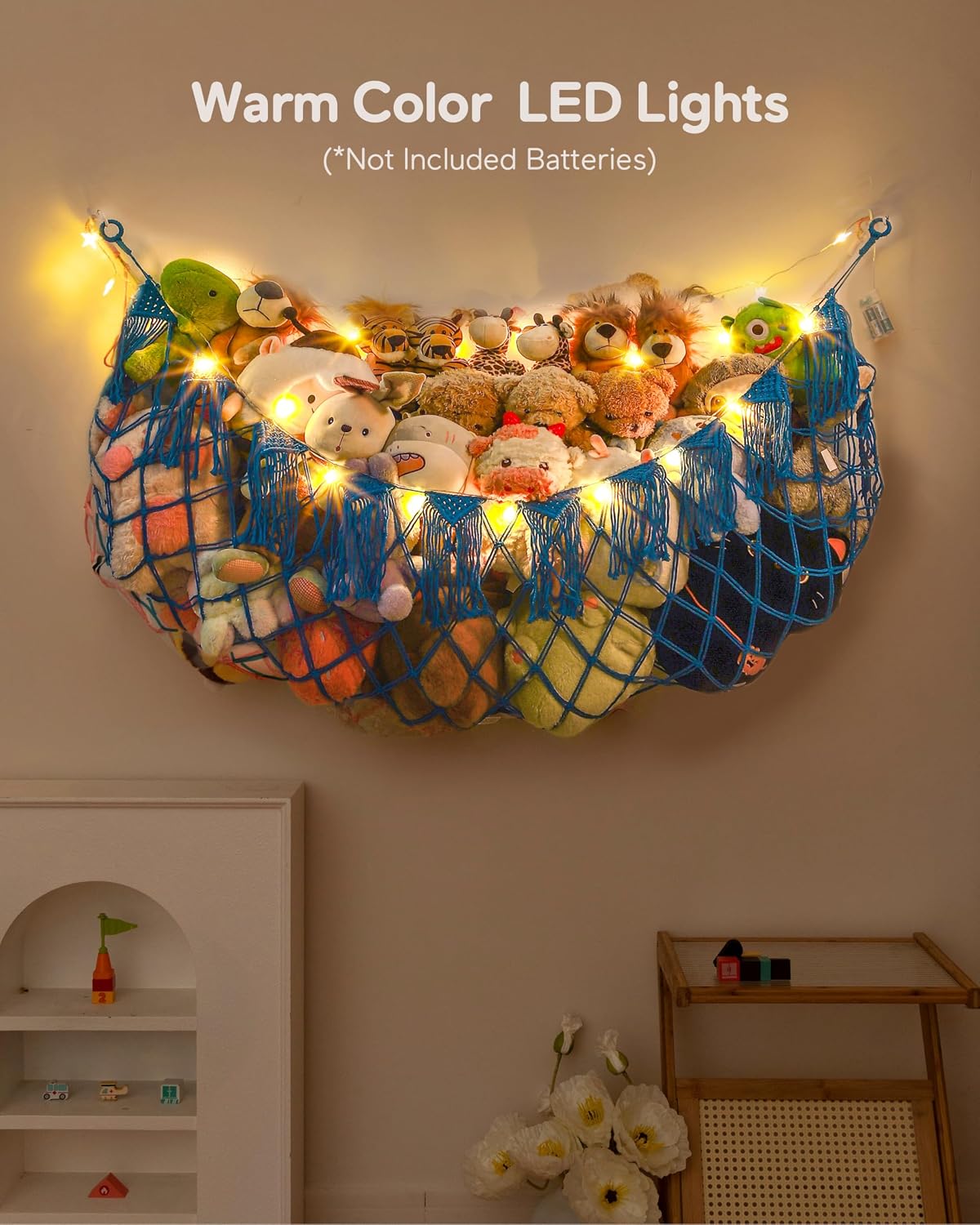 Boho Stuffed Animal Hammock, Falt Wall or Corner Hanging, White, XL