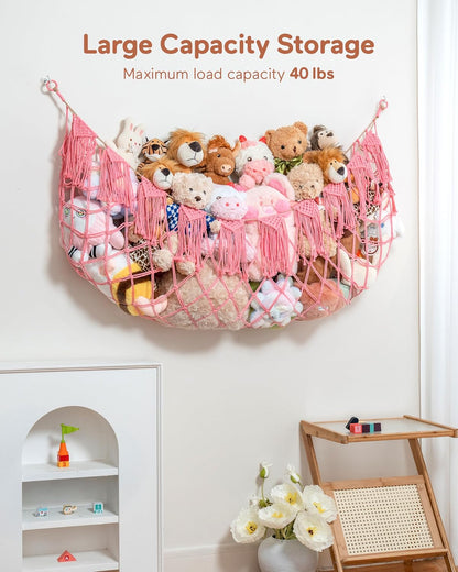 Boho Stuffed Animal Hammock, Falt Wall or Corner Hanging, White, XL