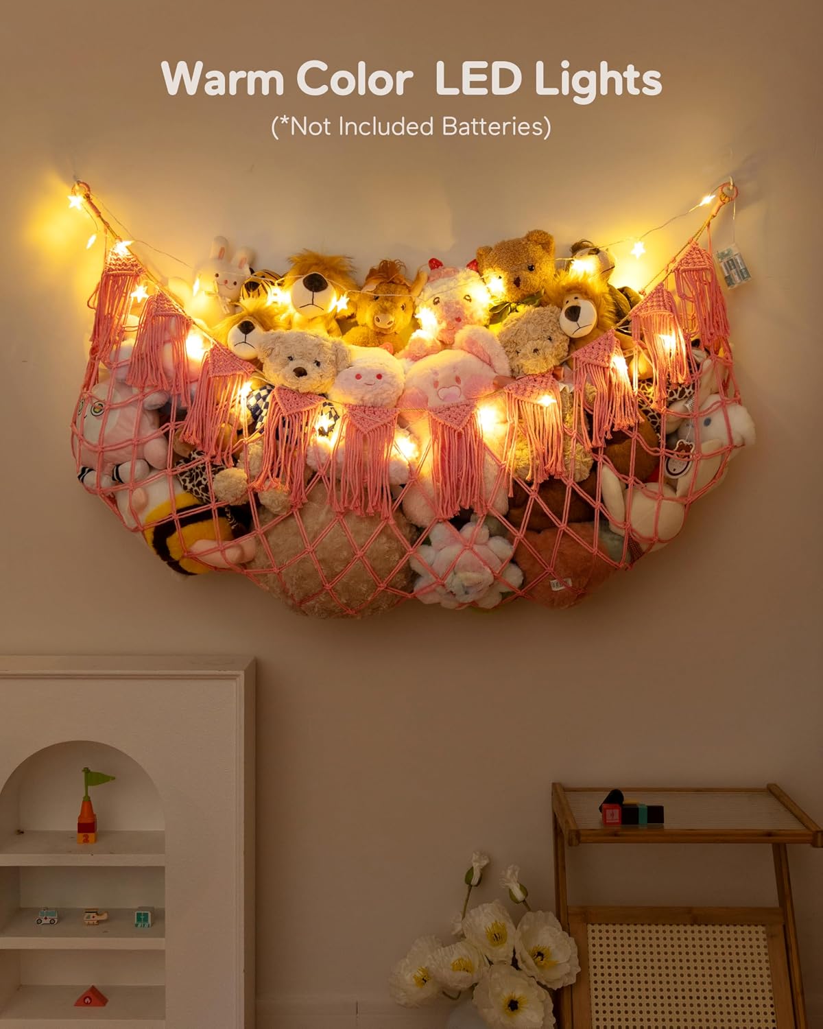 Boho Stuffed Animal Hammock, Falt Wall or Corner Hanging, White, XL