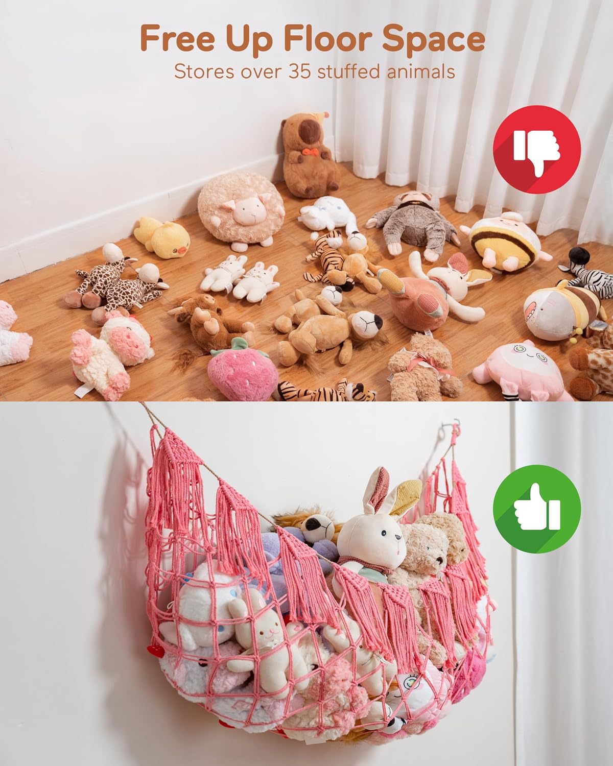 Boho Stuffed Animal Hammock, Falt Wall or Corner Hanging, White, XL