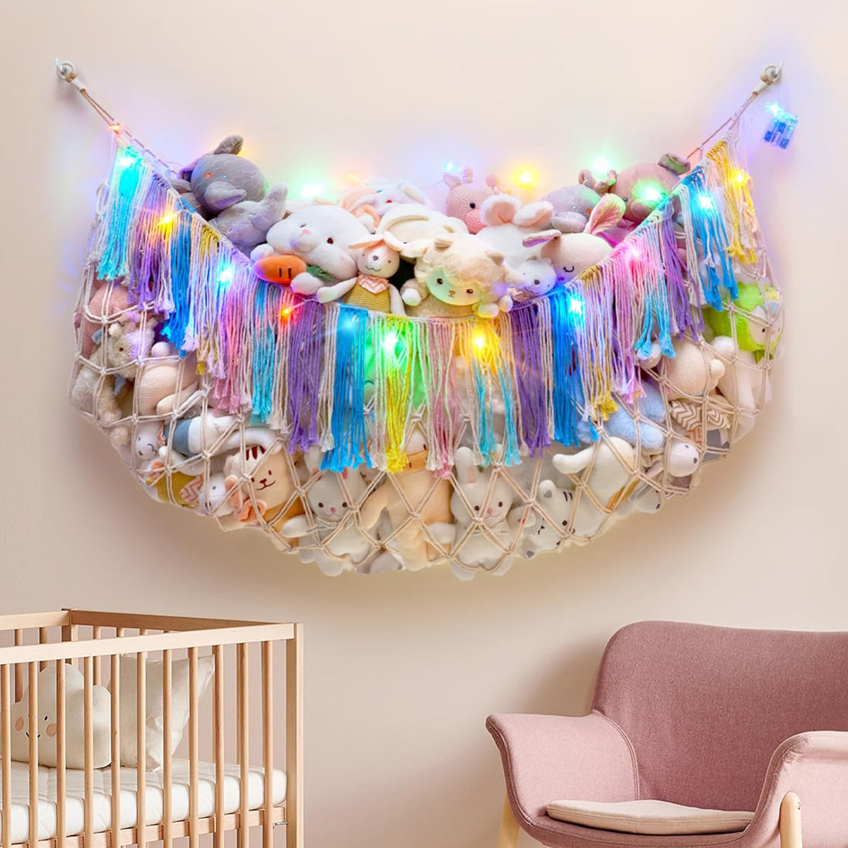 Boho Stuffed Animal Hammock, Falt Wall or Corner Hanging, White, XL