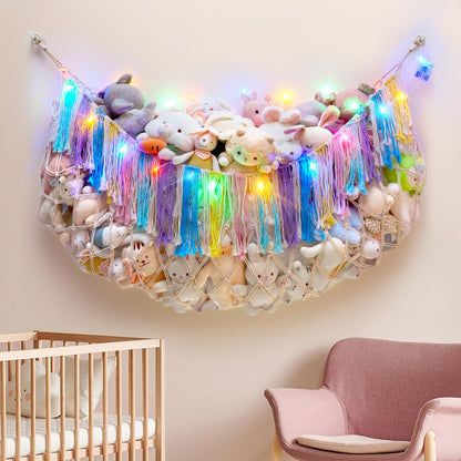 Boho Stuffed Animal Hammock, Falt Wall or Corner Hanging, White, XL