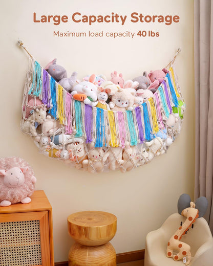Boho Stuffed Animal Hammock, Falt Wall or Corner Hanging, White, XL