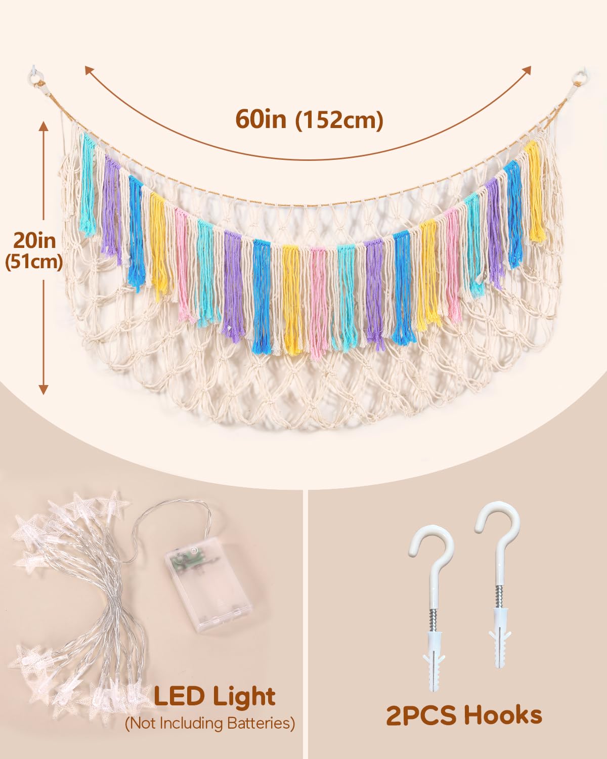 Boho Stuffed Animal Hammock, Falt Wall or Corner Hanging, White, XL