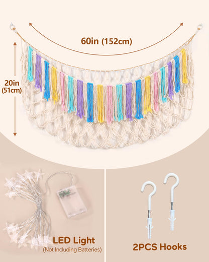 Boho Stuffed Animal Hammock, Falt Wall or Corner Hanging, White, XL