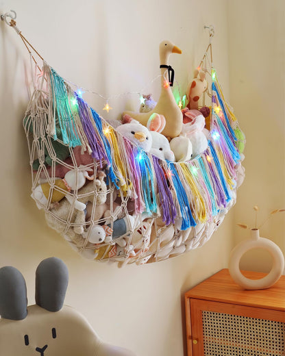 Boho Stuffed Animal Hammock, Falt Wall or Corner Hanging, White, XL