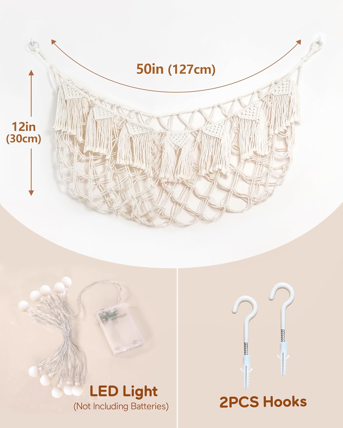 Boho Stuffed Animal Hammock, Falt Wall or Corner Hanging, White, XL