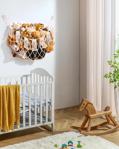 Boho Stuffed Animal Hammock, Falt Wall or Corner Hanging, White, XL
