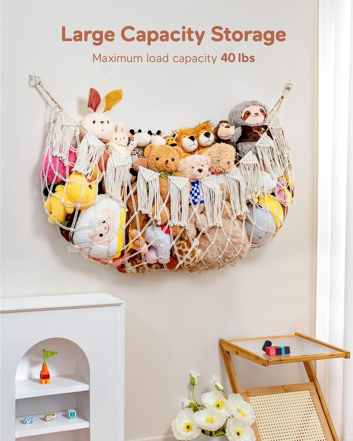 Boho Stuffed Animal Hammock, Falt Wall or Corner Hanging, White, XL