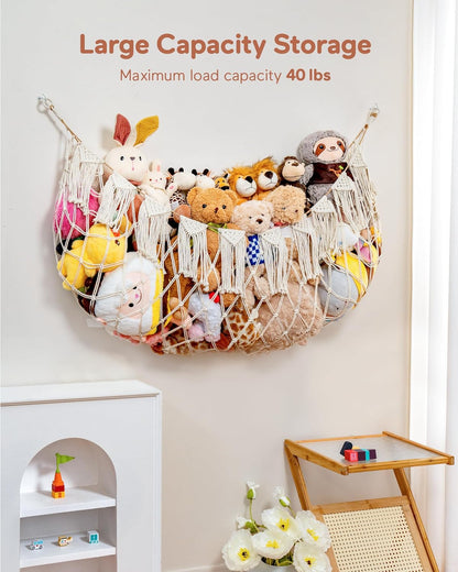 Boho Stuffed Animal Hammock, Falt Wall or Corner Hanging, White, XL