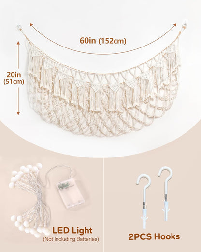 Boho Stuffed Animal Hammock, Falt Wall or Corner Hanging, White, XL