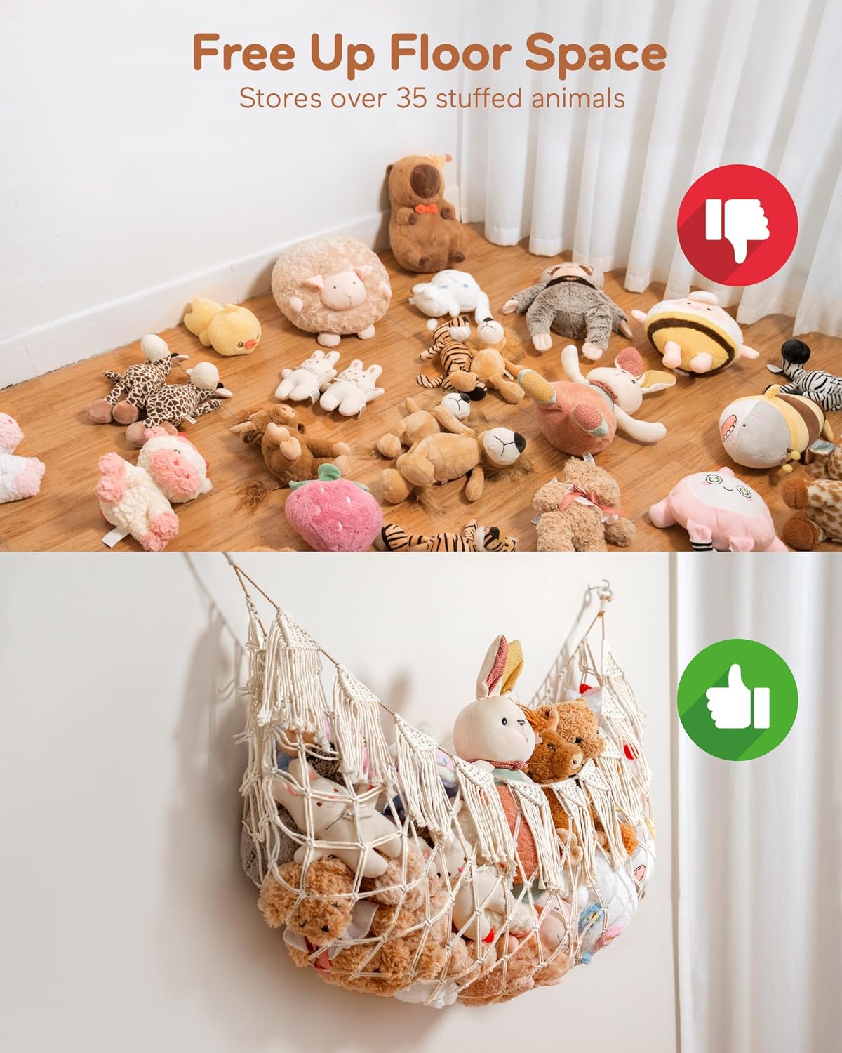 Boho Stuffed Animal Hammock, Falt Wall or Corner Hanging, White, XL