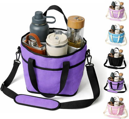 Drink Carrier Bag 4 Compartment Family Size Insulated Water Bottle Holder & Tumbler Tote with Adjustable Strap Nylon Organizer Caddy with Front Pocket for Picnic No-Spill for Car (Purple)