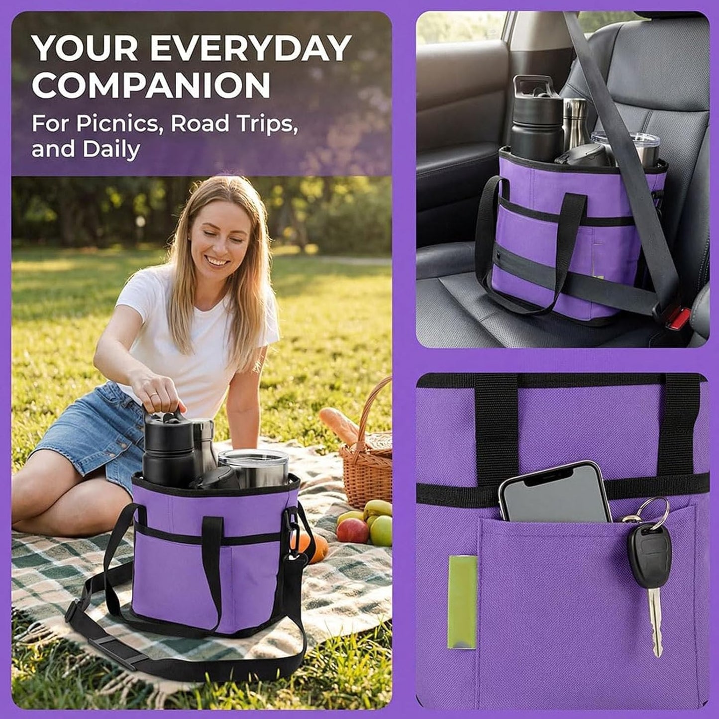 Drink Carrier Bag 4 Compartment Family Size Insulated Water Bottle Holder & Tumbler Tote with Adjustable Strap Nylon Organizer Caddy with Front Pocket for Picnic No-Spill for Car (Purple)