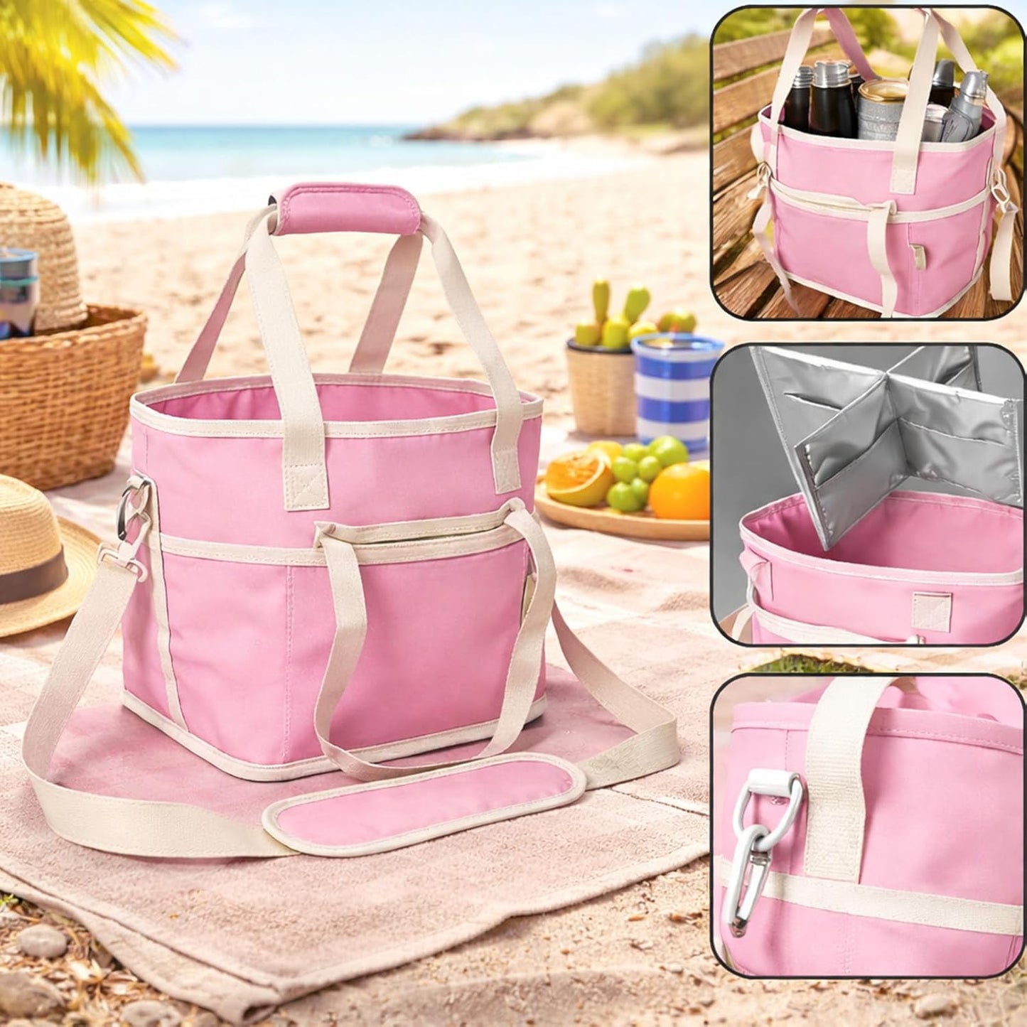 Drink Carrier Bag 4 Compartment Family Size Insulated Water Bottle Holder & Tumbler Tote with Adjustable Strap Nylon Organizer Caddy with Front Pocket for Picnic No-Spill for Car (Purple)