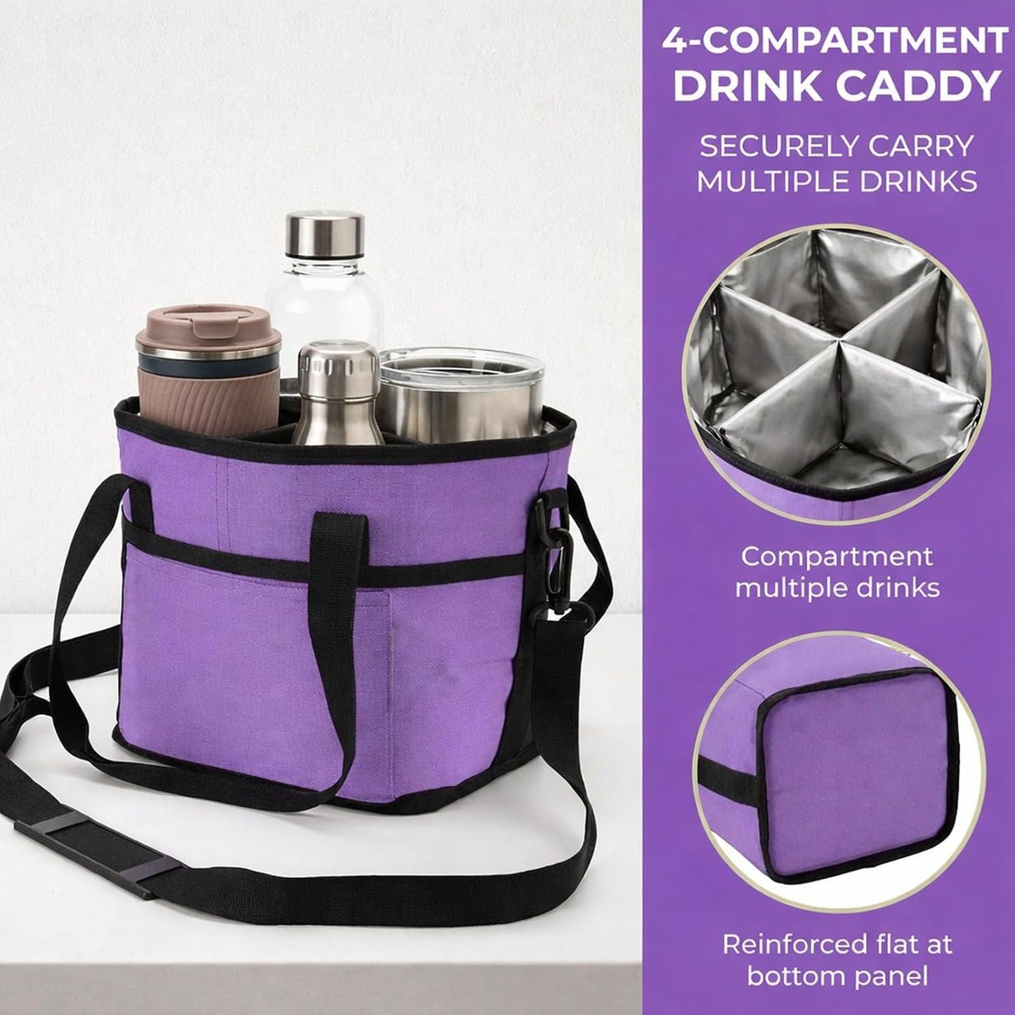 Drink Carrier Bag 4 Compartment Family Size Insulated Water Bottle Holder & Tumbler Tote with Adjustable Strap Nylon Organizer Caddy with Front Pocket for Picnic No-Spill for Car (Purple)