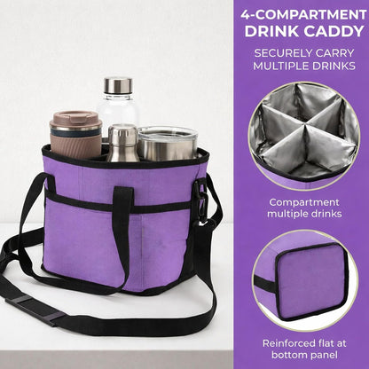 Drink Carrier Bag 4 Compartment Family Size Insulated Water Bottle Holder & Tumbler Tote with Adjustable Strap Nylon Organizer Caddy with Front Pocket for Picnic No-Spill for Car (Purple)