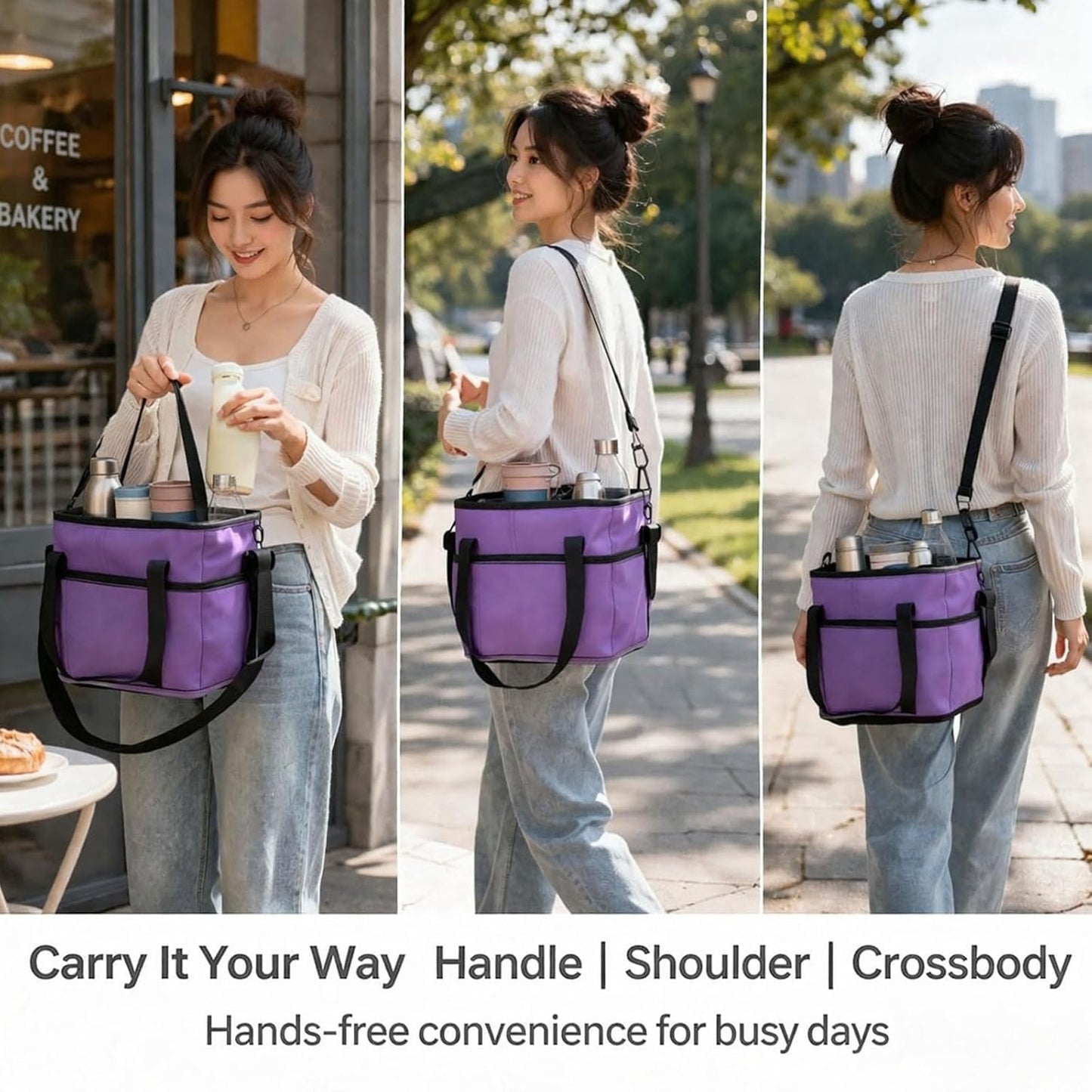 Drink Carrier Bag 4 Compartment Family Size Insulated Water Bottle Holder & Tumbler Tote with Adjustable Strap Nylon Organizer Caddy with Front Pocket for Picnic No-Spill for Car (Purple)