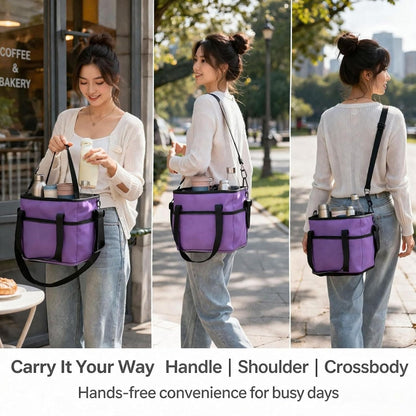 Drink Carrier Bag 4 Compartment Family Size Insulated Water Bottle Holder & Tumbler Tote with Adjustable Strap Nylon Organizer Caddy with Front Pocket for Picnic No-Spill for Car (Purple)