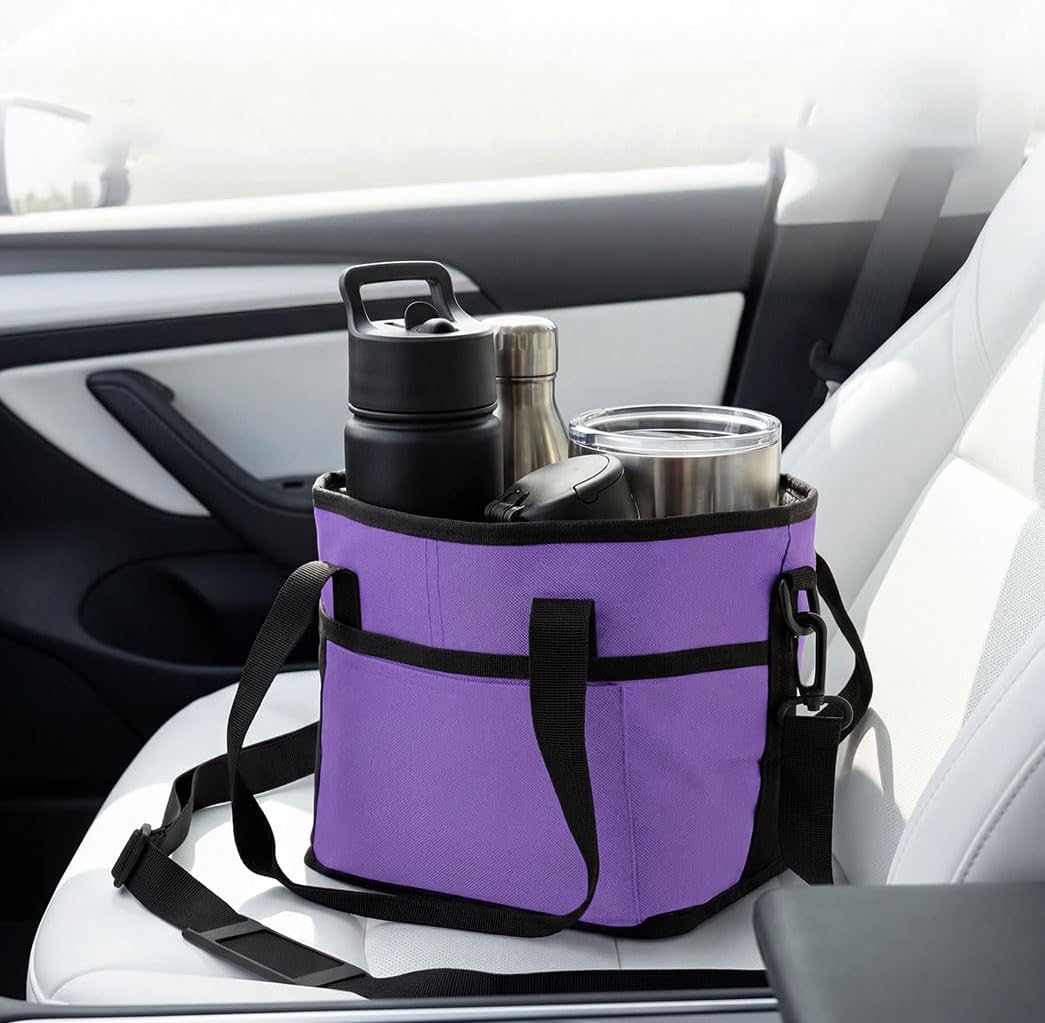 Drink Carrier Bag 4 Compartment Family Size Insulated Water Bottle Holder & Tumbler Tote with Adjustable Strap Nylon Organizer Caddy with Front Pocket for Picnic No-Spill for Car (Purple)