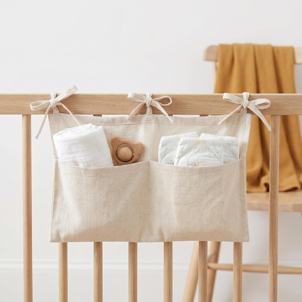 Linen Baby Bedside Hanging Storage Bag,2 Pockets Organizer for Baby Cribs and Toys (Light Pink)