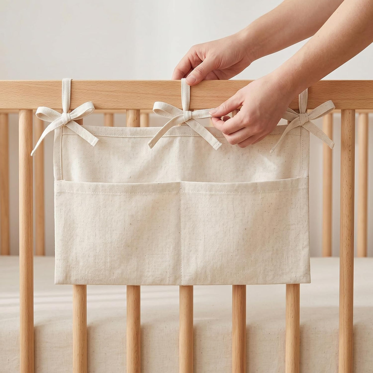 Linen Baby Bedside Hanging Storage Bag,2 Pockets Organizer for Baby Cribs and Toys (Light Pink)