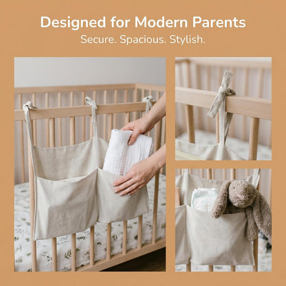 Linen Baby Bedside Hanging Storage Bag,2 Pockets Organizer for Baby Cribs and Toys (Light Pink)
