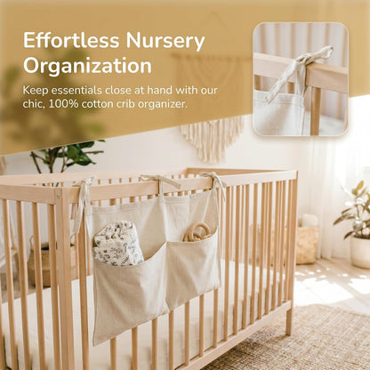 Linen Baby Bedside Hanging Storage Bag,2 Pockets Organizer for Baby Cribs and Toys (Light Pink)