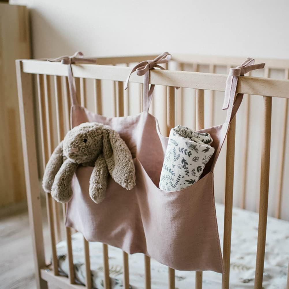 Linen Baby Bedside Hanging Storage Bag,2 Pockets Organizer for Baby Cribs and Toys (Light Pink)