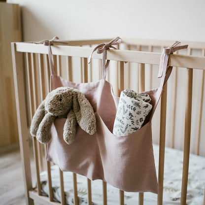 Linen Baby Bedside Hanging Storage Bag,2 Pockets Organizer for Baby Cribs and Toys (Light Pink)