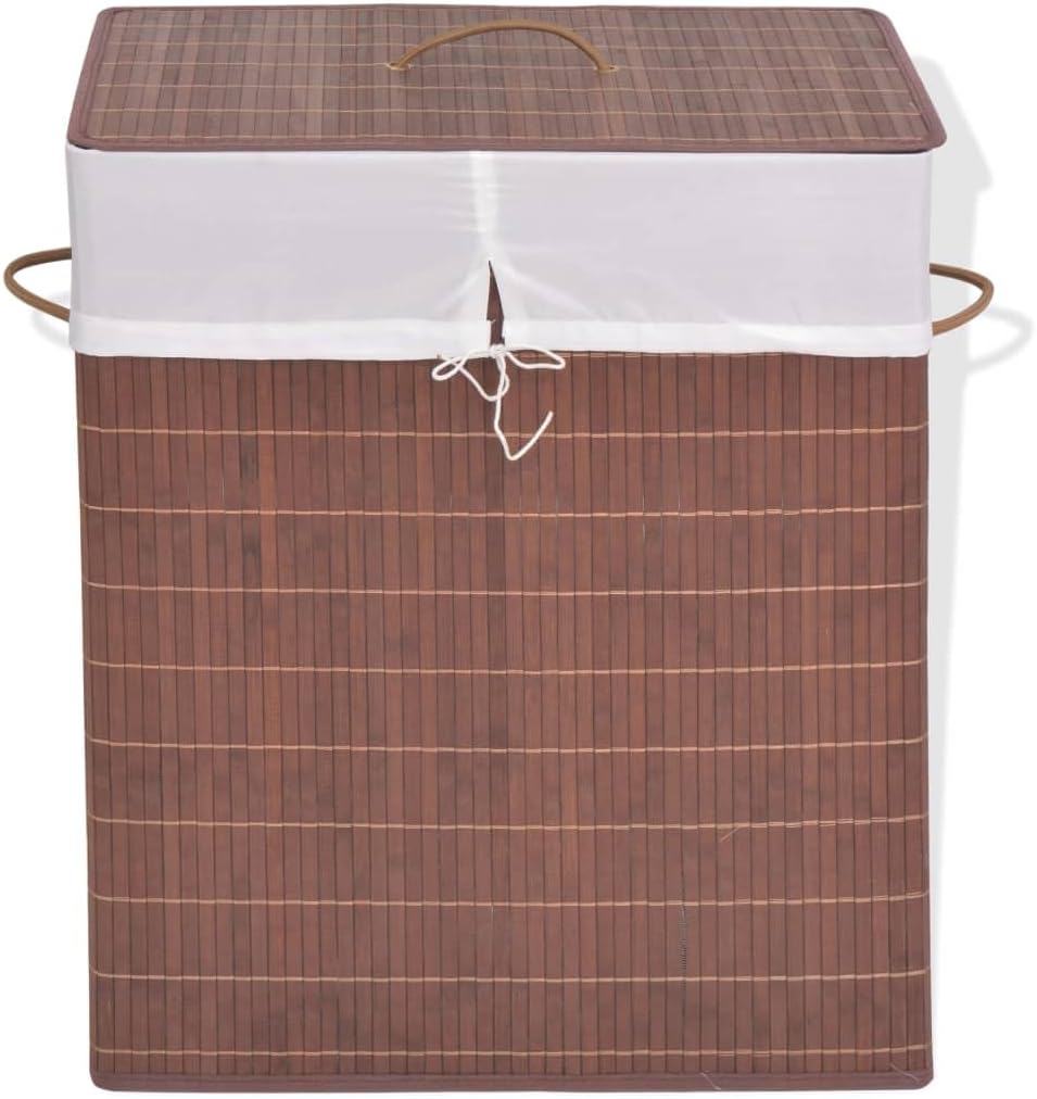 Bamboo Laundry Hamper with Removable Liner, Rectangular Foldable Clothes Storage Bin with Handles, Organization Basket for Bedroom, Bathroom, Nursery, Brown