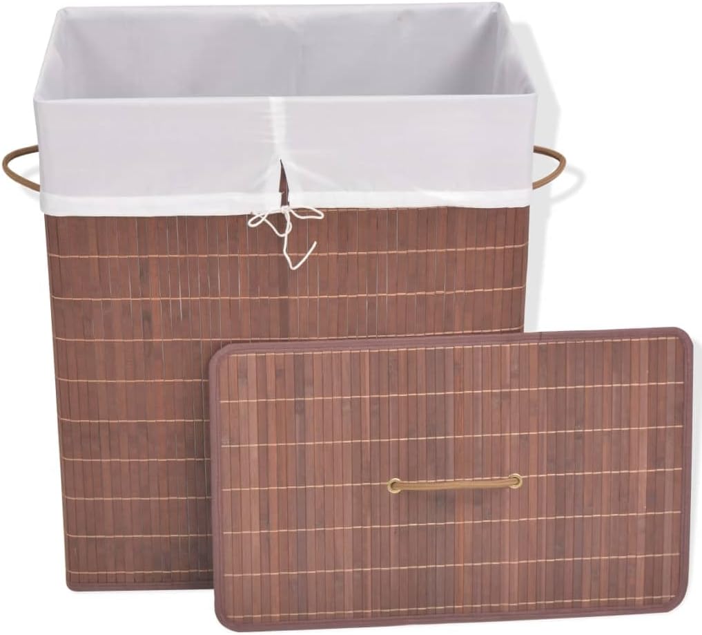 Bamboo Laundry Hamper with Removable Liner, Rectangular Foldable Clothes Storage Bin with Handles, Organization Basket for Bedroom, Bathroom, Nursery, Brown