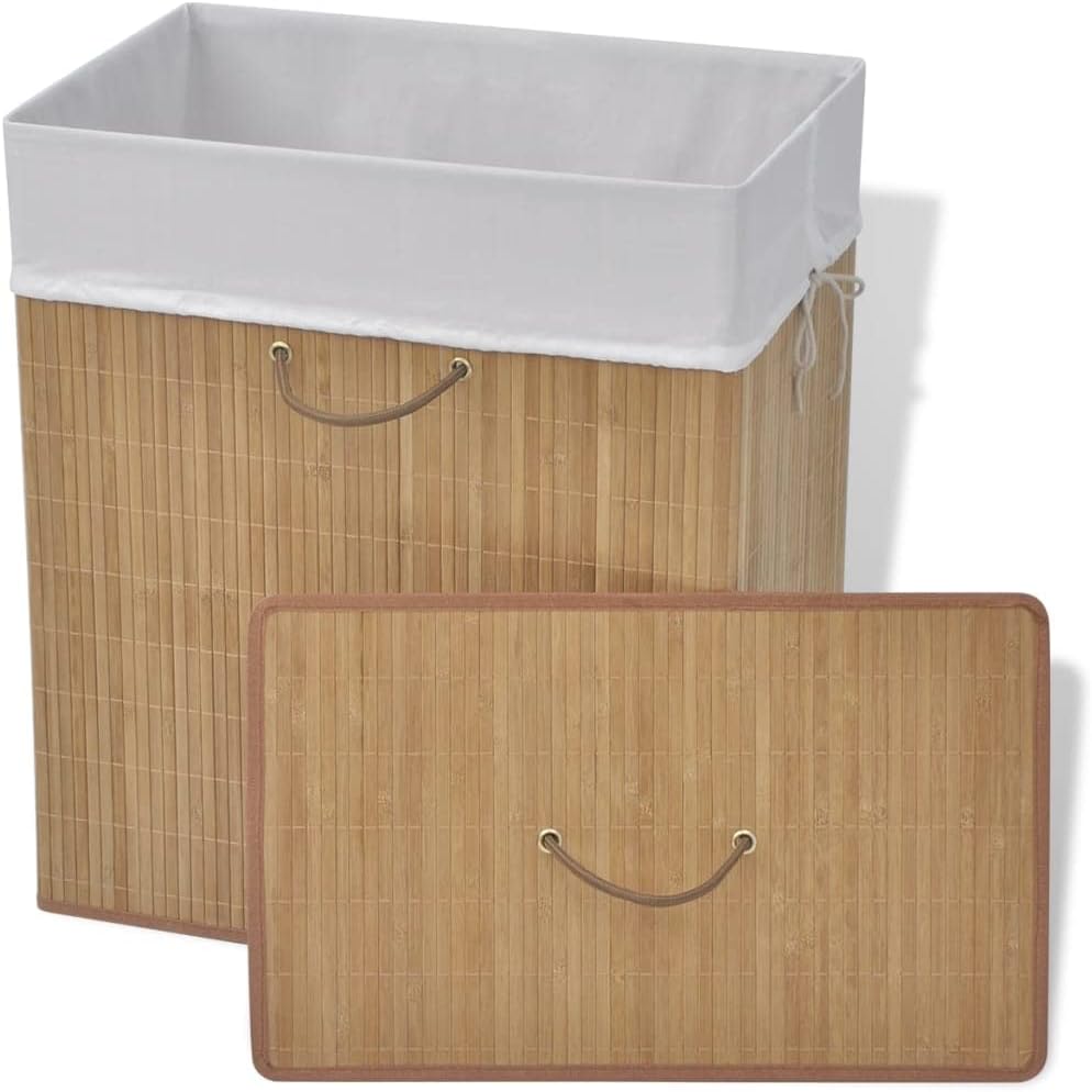 Bamboo Laundry Hamper with Removable Liner, Rectangular Foldable Clothes Storage Bin with Handles, Organization Basket for Bedroom, Bathroom, Nursery, Brown
