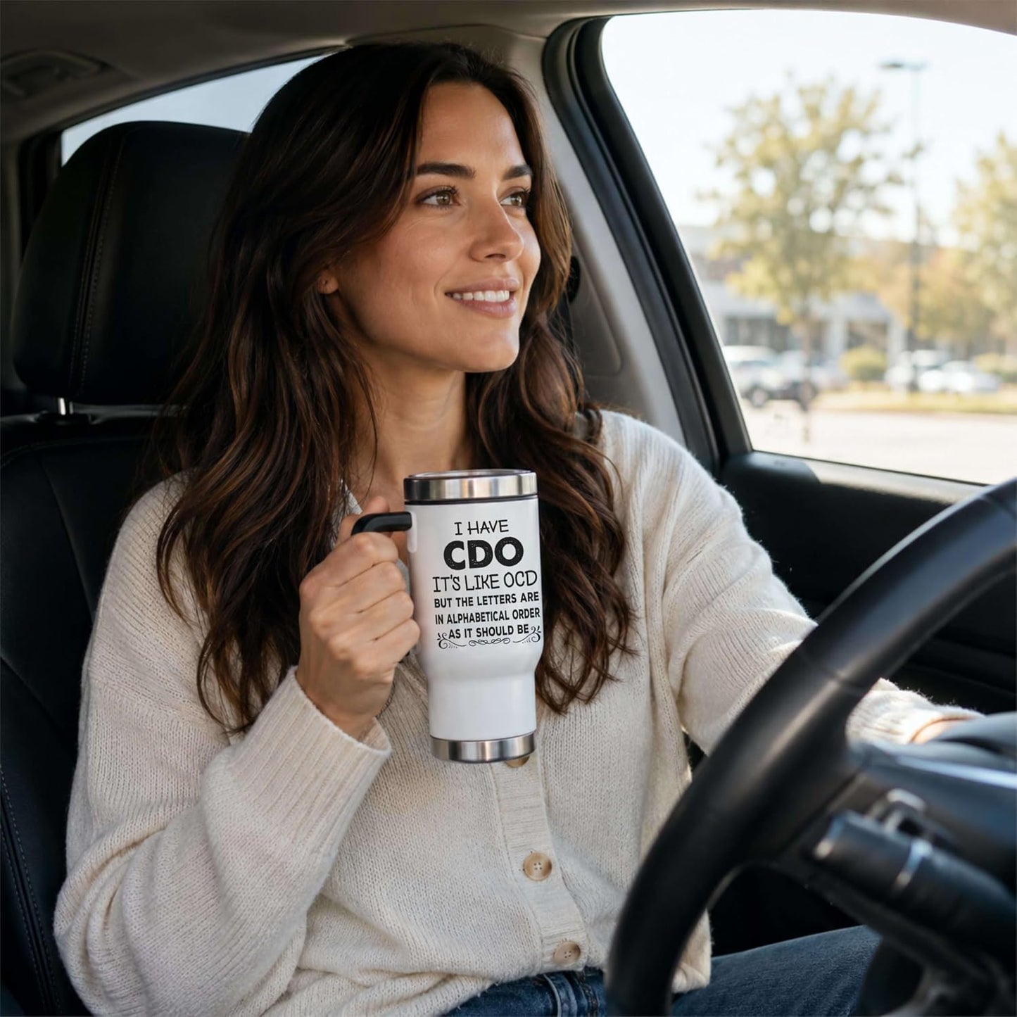 Funny OCD Travel Mug - I Have CDO Alphabetical Order Joke - 14oz Insulated Stainless Steel Coffee Cup with Handle and Lid for Office Gag Gifts