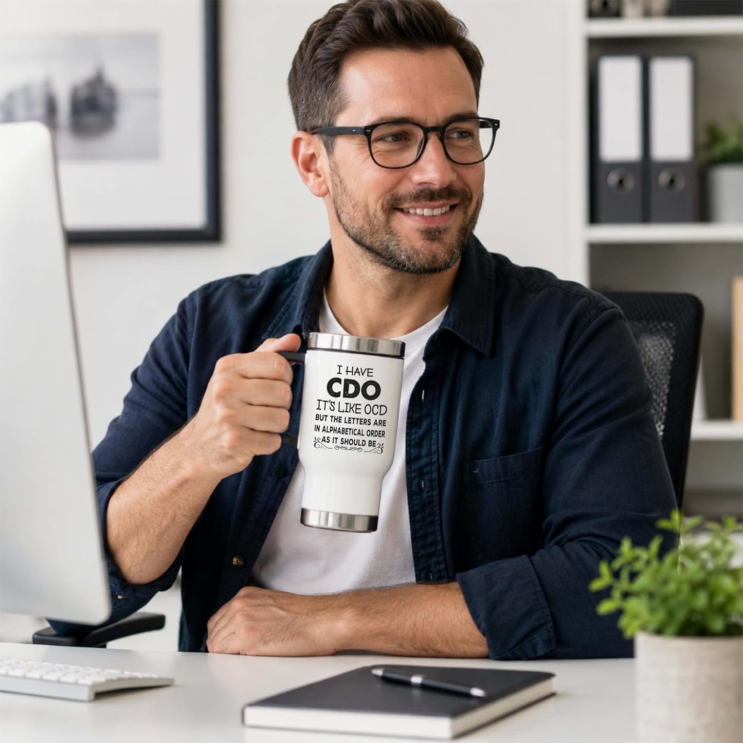 Funny OCD Travel Mug - I Have CDO Alphabetical Order Joke - 14oz Insulated Stainless Steel Coffee Cup with Handle and Lid for Office Gag Gifts