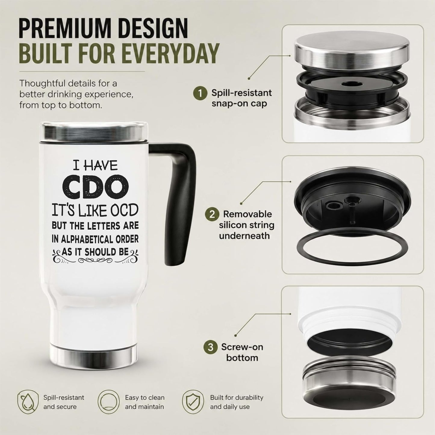 Funny OCD Travel Mug - I Have CDO Alphabetical Order Joke - 14oz Insulated Stainless Steel Coffee Cup with Handle and Lid for Office Gag Gifts