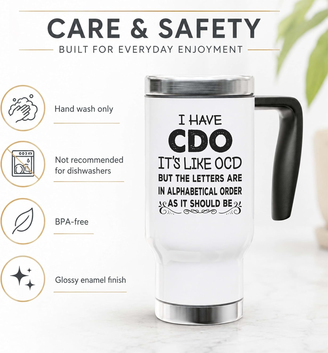 Funny OCD Travel Mug - I Have CDO Alphabetical Order Joke - 14oz Insulated Stainless Steel Coffee Cup with Handle and Lid for Office Gag Gifts