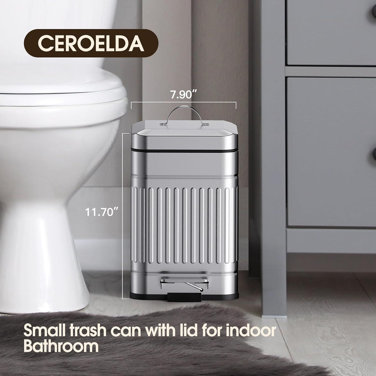 CEROELDA Small Trash Can with Lid-5L/1.3 Gal,Stainless Steel Outdoor Dog Poop Garbage Can-Farmhouse Retro Metal Waste Bin w/Step Pedal for Bathroom Bedroom Office-Soft Close-Black