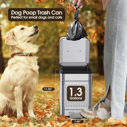 CEROELDA Small Trash Can with Lid-5L/1.3 Gal,Stainless Steel Outdoor Dog Poop Garbage Can-Farmhouse Retro Metal Waste Bin w/Step Pedal for Bathroom Bedroom Office-Soft Close-Black